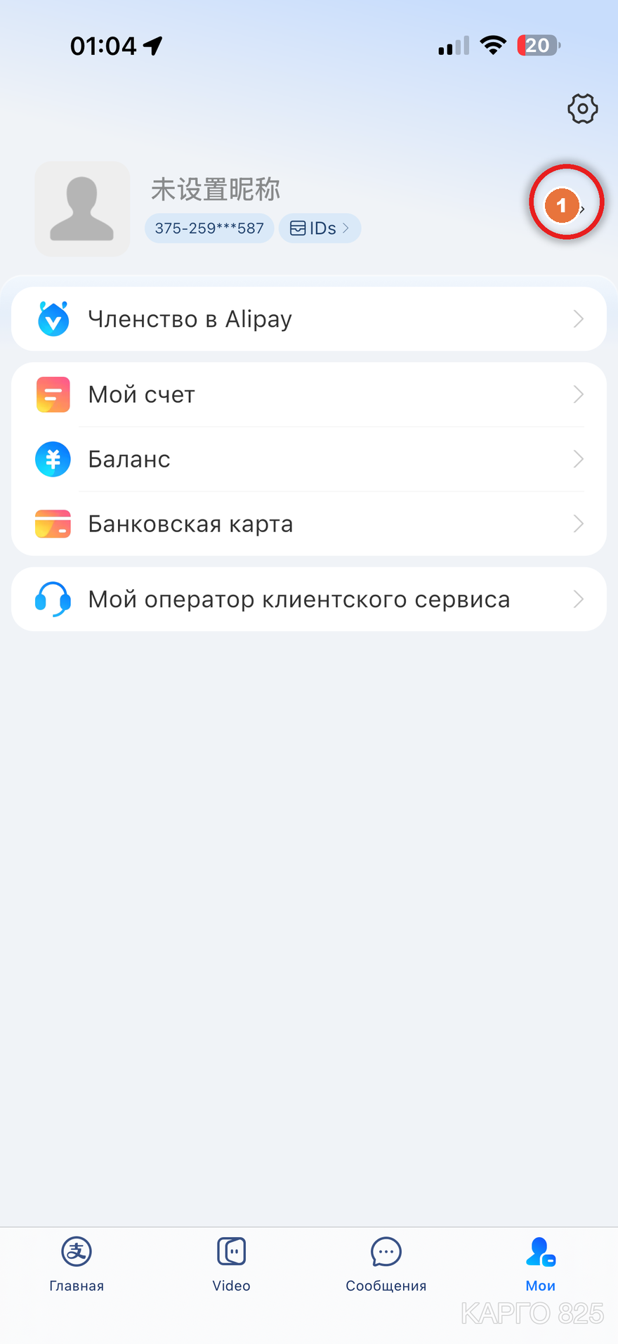 Вкладка «Мои» в Alipay — стрелка справа от профиля под номером 1 для перехода к верификации